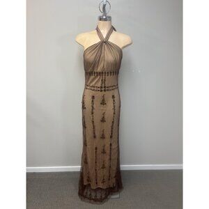 VTG Le Chateau Dress Medium Mesh Halter Neck Long Maxi  Embroidery Floral Lined